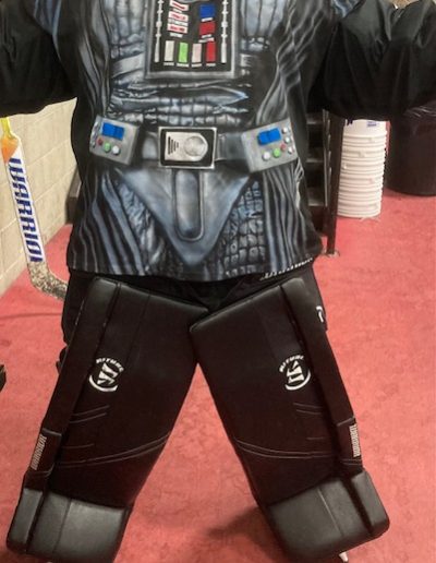 Custom airbrushed Darth Vader hockey jersey worn by hockey goalie
